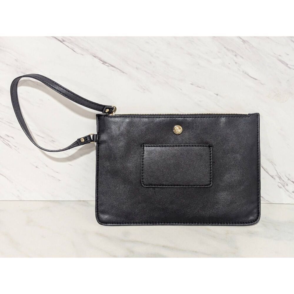 Nine West Women's Black Zip Top Vegan Leather Wrist Strap Exterior ID Pocket Pou